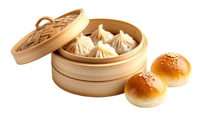 Steamed dumplings and buns in a bamboo steamer