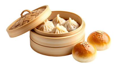 Steamed dumplings and buns in a bamboo steamer