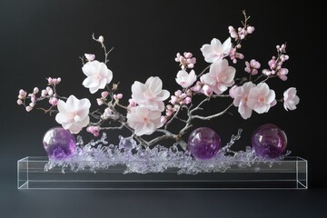 Delicate pink blossoms and purple orbs, arranged in an acrylic display, showcase a serene floral arrangement.