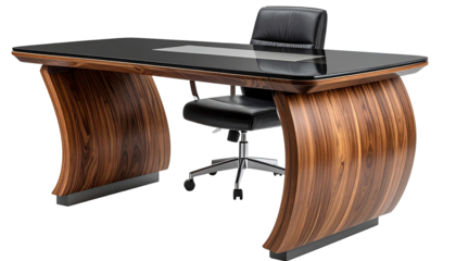 Modern executive desk with curved wooden bases and glass top