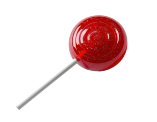 A vibrant red lollipop, seen from above
