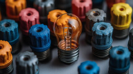 Colorful lightbulb among similar bulbs