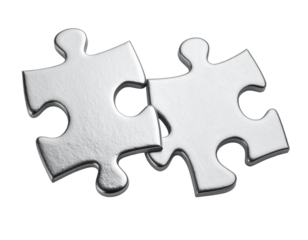 Two white puzzle pieces, slightly overlapping, forming a connection