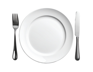 Empty white plate with fork and knife
