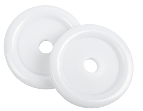 Two white circular discs, overlapping