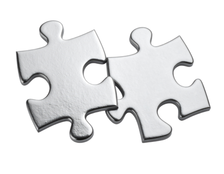 Two white puzzle pieces, slightly overlapping, forming a connection