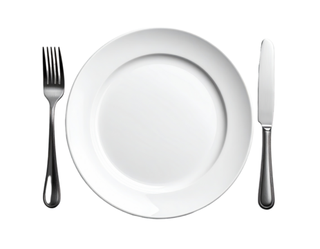 Empty white plate with fork and knife