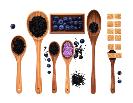 Wooden spoons with assorted food items