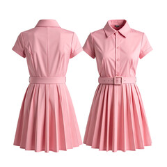 Pink pleated short-sleeve shirt dress, front and back views