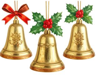 Three gold Christmas bells with holly