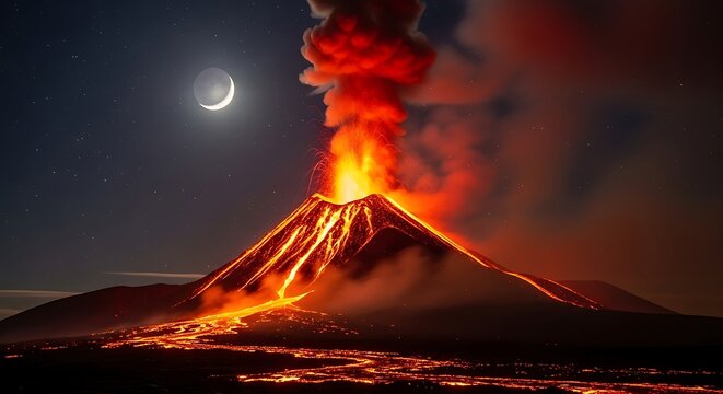 Volcanic Eruption at Night with Lava Flow and Crescent Moon. - Powered by Adobe
