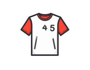 Cartoon graphic of a white t-shirt with red sleeves and the number 45