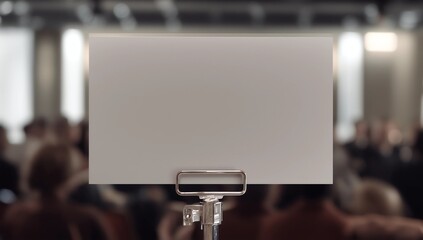 Mock up white Label for blank menu frame in seminar room or conference hall light on desk groups for letter, Event Background. Business Talk Presentation