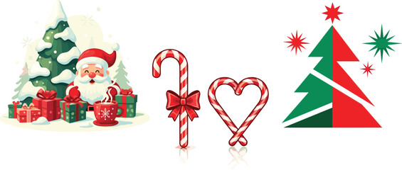 Christmas Santa with gifts, candy cane heart, holiday coffee, festive tree, red green stars, winter season, holiday celebration illustration