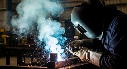 Welder working with bright sparks and smoke in workshop.