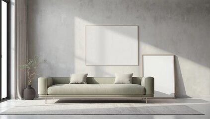 Mock up poster with pastel green sofa, 3d render, 3d illustration