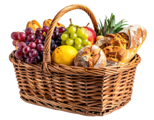 A wicker basket filled with assorted fruits and breads
