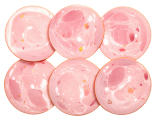 Six slices of processed meat, arranged in a circular pattern