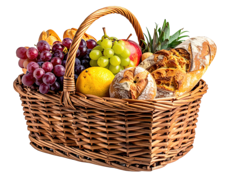 A wicker basket filled with assorted fruits and breads
