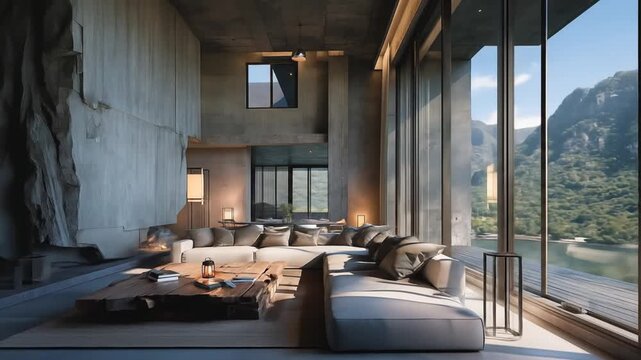 A modern living room boasts expansive mountain views and a minimalist aesthetic.