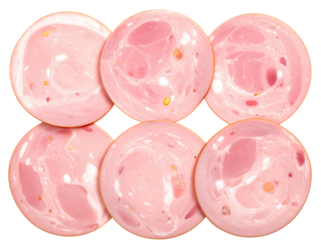 Six slices of processed meat, arranged in a circular pattern