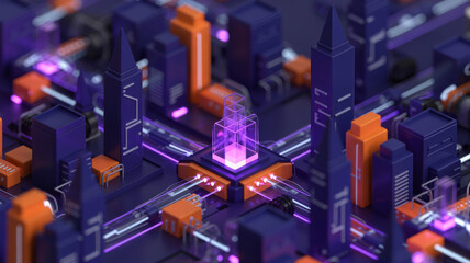 Futuristic city with glowing neon lights and geometric shapes, creating a vibrant and modern urban landscape