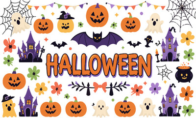 Fototapeta premium Scalable vector illustration themed around Halloween playful cartoon-style elements, Halloween vector set stock illustration, easily editable.