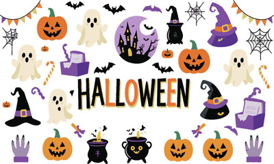 Scalable vector illustration themed around Halloween playful cartoon-style elements, Halloween vector set stock illustration, easily editable.