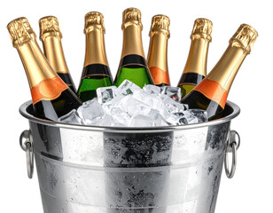 Champagne bottles in a silver bucket with ice