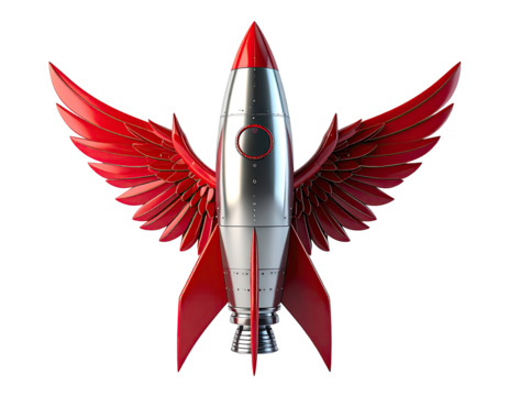 Red rocket with wings on black background