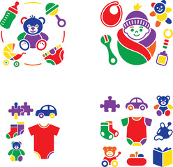Colorful baby items and toys teddy bear bottle