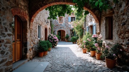 Fototapeta premium Sunlit Stone Archway Leading to Quaint Courtyard with Pink Flowers and Cobblestone Path in Mediterranean Village