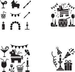 Festive party icons with pinatas and drinks cocktail
