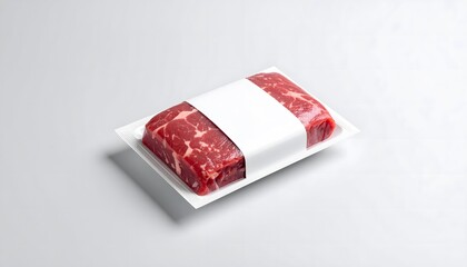 Freshly Packaged Raw Steak on White Tray with Blank Label for Branding