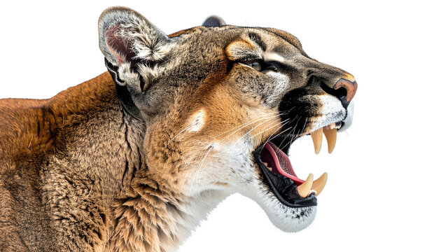 Close-up of a cougar's head and neck, mouth open in a roar