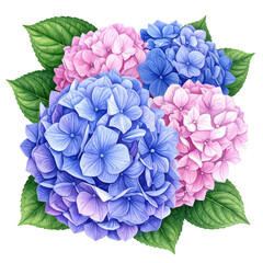 Vibrant hydrangea bouquet in shades of pink, blue, and purple.  Detailed floral illustration with lush leaves