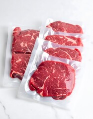 Freshly Packaged Raw Steaks Displayed on a White Surface, Ready for Cooking