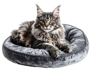 Maine Coon cat in a gray plush circular bed