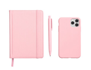 Pastel pink notebook, pen, and phone case