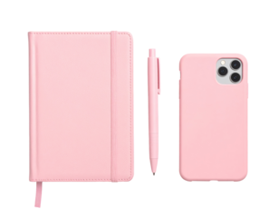 Pastel pink notebook, pen, and phone case