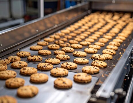 Rows of cookies on a conveyor belt in a factory setting