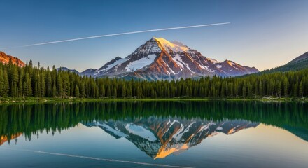 Majestic mountain peak reflects in calm lake surrounded by lush green forest under a serene sky
