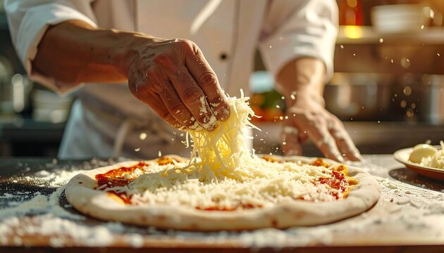 Chef's hands add shredded cheese to a pizza base