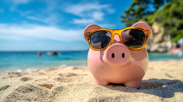 A playful piggy bank wearing sunglasses on a sunny beach, with gentle waves in the background ideal for budget holiday planning