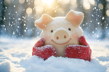 Cheerful piggy bank in snow, surrounded by falling snowflakes, evoking winter joy ideal for budget holiday planning