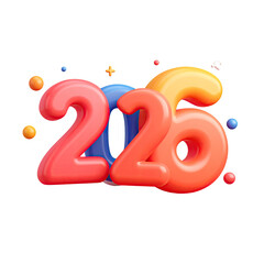Bold, colorful 3D numbers "2026" with playful, cartoonish style, surrounded by small, colorful dots and shapes