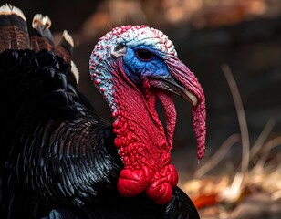 Close-up profile of a wild turkey, showcasing its iridescent plumage and wattle
