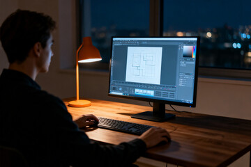 Person working on architectural design using computer software at night