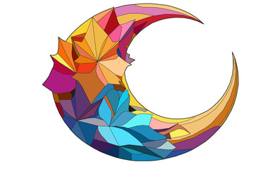 Un croissant de lune graphique dans un style mosaïque composé de fleurs sur fond transparent.