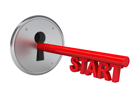 A red key turning the keyhole of a silver circular lock with the word START written on the key